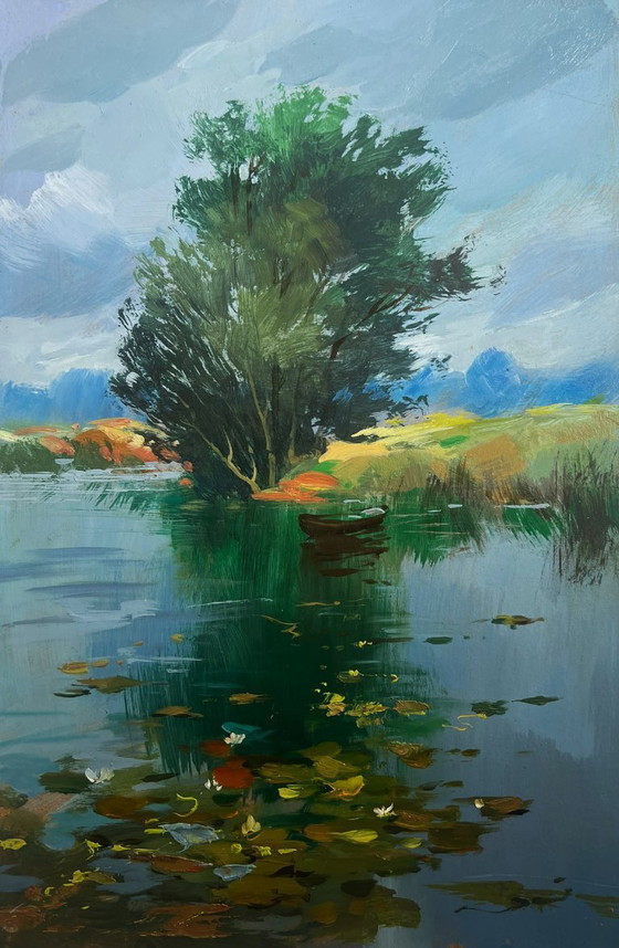 Image 1 of Peinture à l'huile originale représentant un paysage côtier d'été, avec un pêcheur près d'un arbre solitaire.
