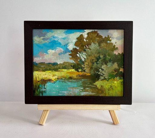 Original Oil Painting Summer River Landscape River along the willow