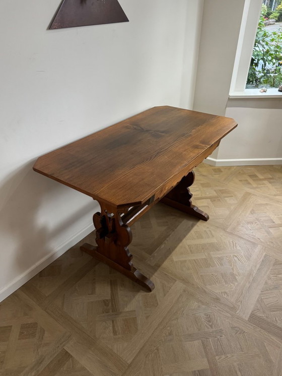 Image 1 of Antique German / Alpine Trestle Table With Drawer