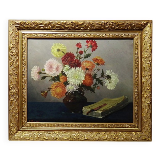 Peinture à l'huile sur toile, nature morte aux chrysanthèmes, signée L.Porte 1888.