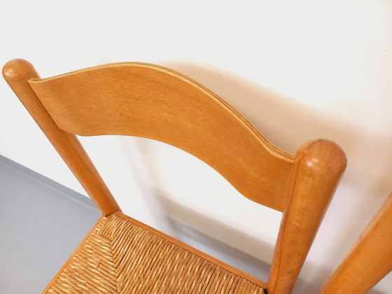 Image 1 of Suite van 4 Vintage Brutalistische stoelen in licht hout en stro uit de jaren 70 en 80