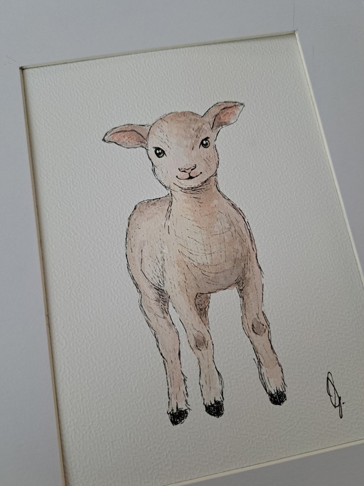Acquerello raffigurante un agnellino e una pecora in una cornice.
