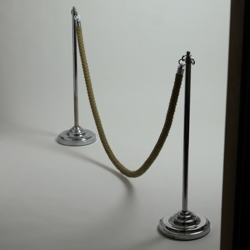 Paire de Barrières à Corde Chromées Vintage avec Cordon en Fibre Naturelle Tressée, Europe, Années 1950-1960
