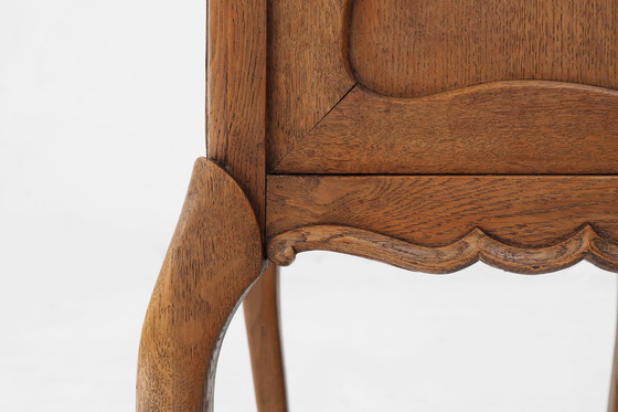 Image 1 of Pair of French Louis XV Style Nightstands in Oak with Carrara Marble Top
