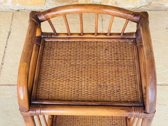 Image 1 of Mid-Century, Two-Tiered, Bamboo & Wicker Nightstand 1970s