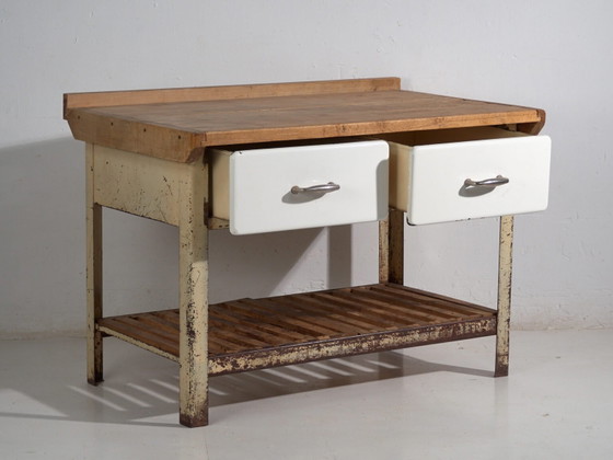 Table de Travail Industrielle – Europe Centrale (c.1950) – Bureaux, Iron, Industrieel (photo 20 of 40)