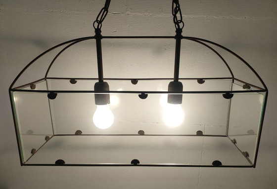 Image 1 of Ensemble de lampes suspendues rétro Amedi en verre/métal des années 90 (1 grande/double) 2 simples.