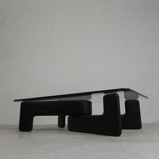 Table basse vintage avec base en bois noir organique, 1970