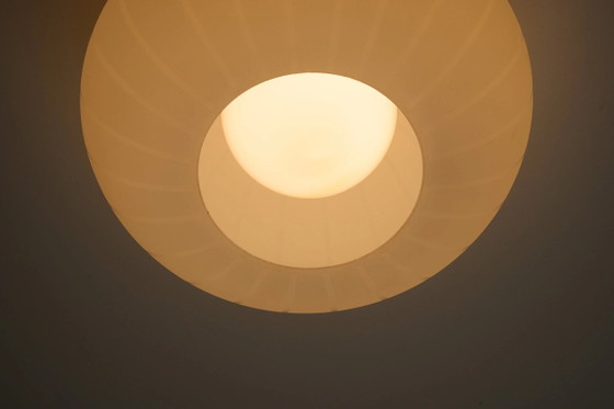 Medium Striped Opaline Glass Flush Mount Ceiling Light, Metal, White (photo 9 of 9)