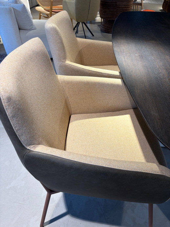 Set von 6 Dreto Melchior Interieur Esszimmerstühlen – Leder, Stoff, Modern (photo 2 of 8)