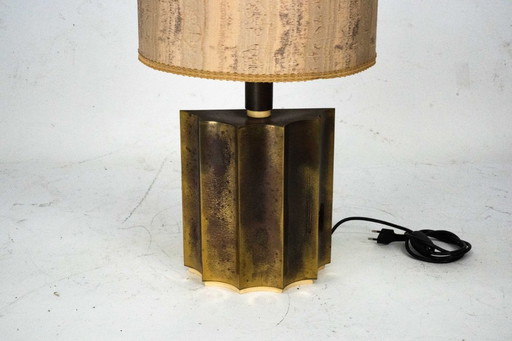 Lampe de table vintage en laiton avec abat-jour en tissu – Patine d'origine. Italie, années 1970