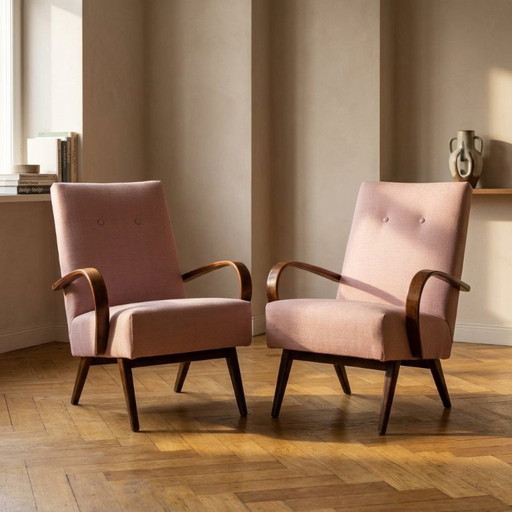 Fauteuils restaurés en bois courbé par Jaroslav Šmídek, paire, Tchécoslovaquie, nouveau revêtement rose, 61 × (photo 2 of 8)