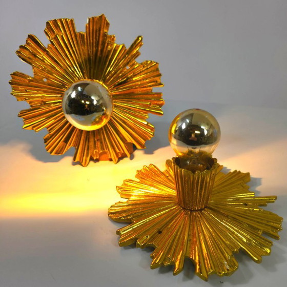 Image 1 of Set di due bellissime lampade solari placcate in oro degli anni '40/'50, lampade da parete di metà secolo