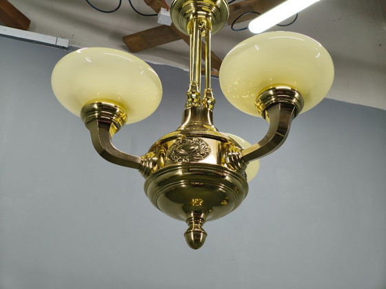 Image 1 of Neoclassical Art Deco Brass Chandelier, Czechoslovakia, 1930s