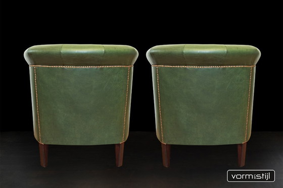 Image 1 of Gecapitonneerde Chesterfield Clubfauteuils in Dik Zadelleer/Rundleer