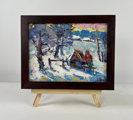 Original Oil Painting Winter Village Landscape The icy breath of the morning