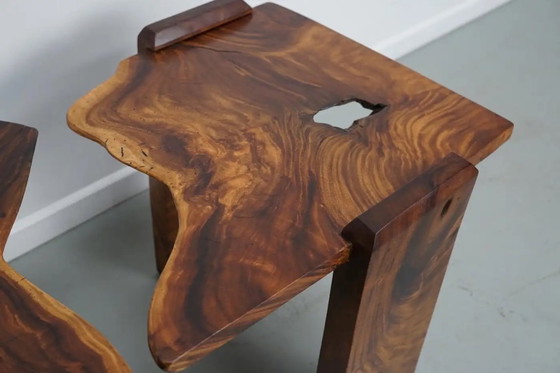 Image 1 of Ensemble de deux tables basses vintage en noyer naturel, vers 1970/1980