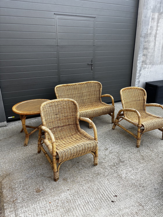Image 1 of Vintage rotan tuinset – bank, 2 fauteuils en salontafel (jaren 70) 