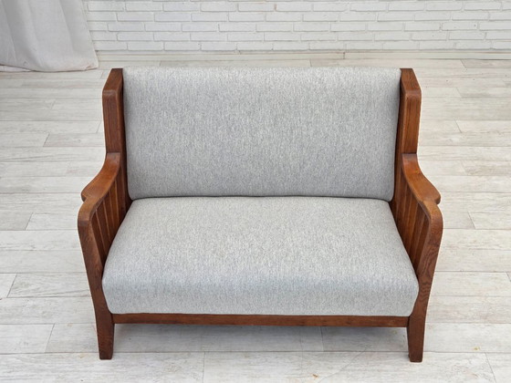 Image 1 of 1950s, Scandinavian 2-seater sofa, reupholstered, furniture wool, oak.
