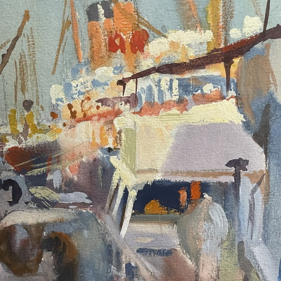 Jules Van De Leene, Paquebot au quai, années 1920, Gouache – Peintures et dessins, Paper, Wood, Art Deco (photo 3 of 11)