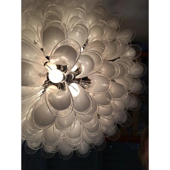 Image 1 of Witte en transparante "Selle" Murano glazen kroonluchter in Mazzega-stijl
