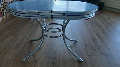 1950s retro diner table with a blue Formica top – eettafels, Metal, Aluminium (photo 2 of 7)