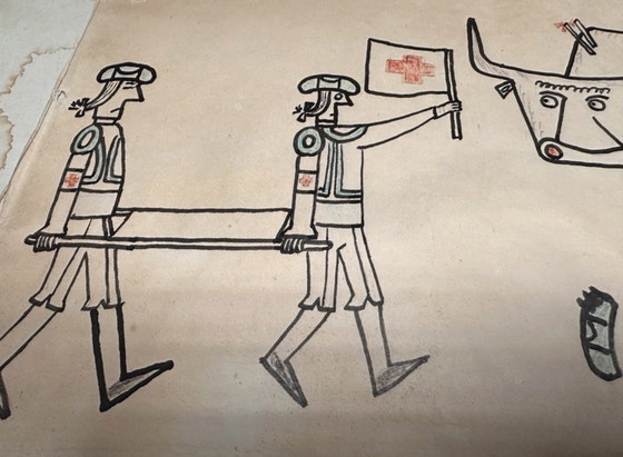 Image 1 of Vintage Mid-Century Tekening | Spaanse Stier & Matador | Outsider Art Gallery Wall