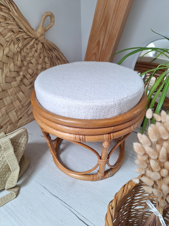 Image 1 of Rattan And Bouclette Fabric Pouf