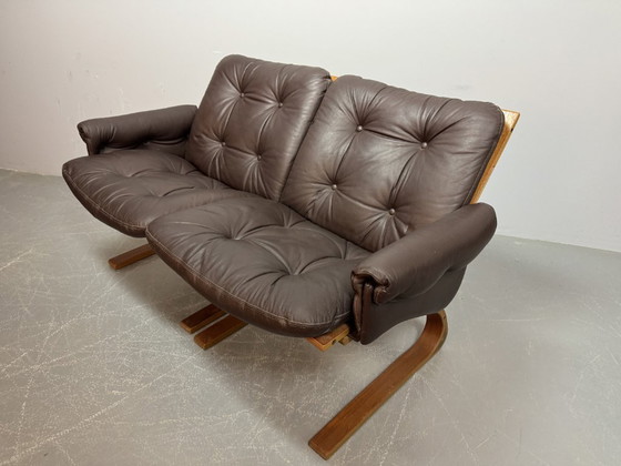 Image 1 of Supercomfy Scandinavian Rybo Rykken Chocolate Brown Leather 2-Seater Lounge Sofa by Elsa and Nordahl Solheim, 1960s.