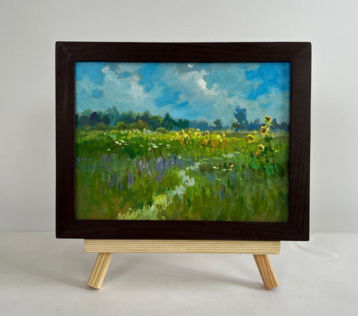 Original Oil Painting Flowers Field Landscape Sunflower fields