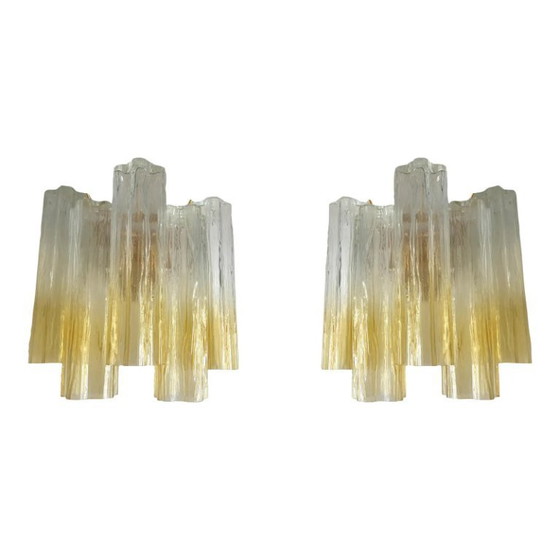 Image 1 of Pair of Luxury Amber & Clear Murano Glass Tronchi Wall Sconces