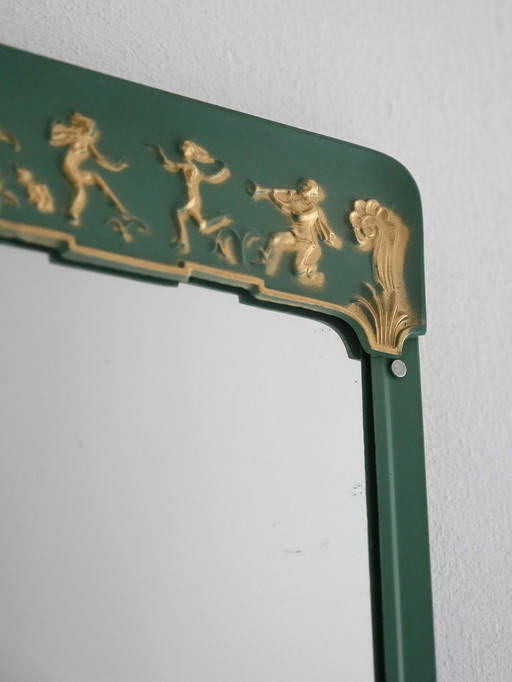 Skandinavischer Wandspiegel der 1940er Jahre aus grün und goldfarben lackiertem Metall