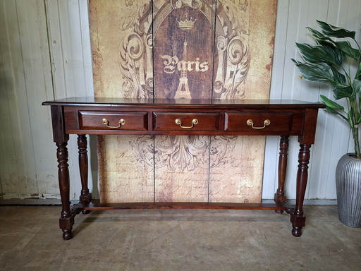 Classic English side table, wall console, or hallway table, dimensions: 142x36cm and 77cm high.