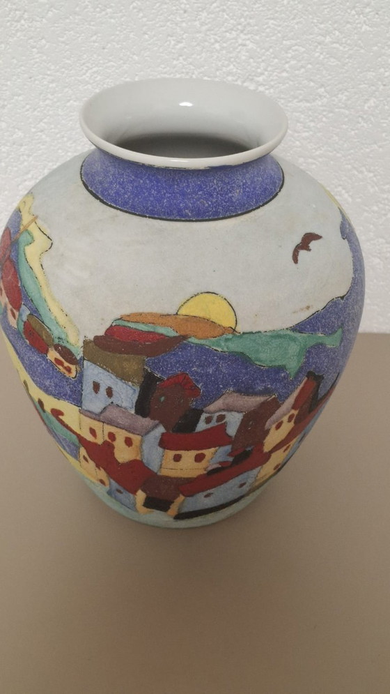 Image 1 of Hand-Painted Ceramic Vase – Colorful Village Scene – Signed Limosse
