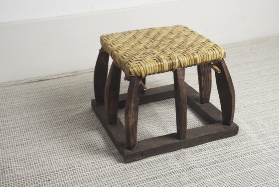 Antieke Siheyuan-kruk, Chinese geweven houten theehuisbank, primitieve Aziatische volkskunst voetenbank (photo 4 of 28)