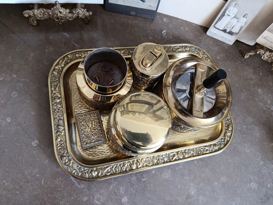 Image 1 of Raucherset Komplett 6Teile!!! Messing Gold Putten Engel Vintage RARITÄT elErhard und Söhne Made in Germany 50er Mid Century