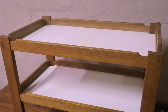 Brutalist Scandinavian Bar Cart / Serving Trolley in Solid Oak, 1950s-60s – Wood (photo 4 of 14)