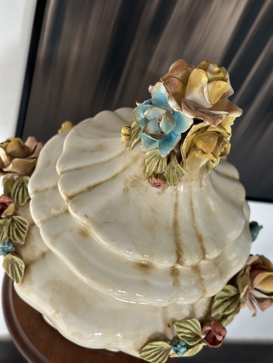 Image 1 of Vintage Baroque-Style Ceramic Lidded Bowl with Hand-Applied Flowers