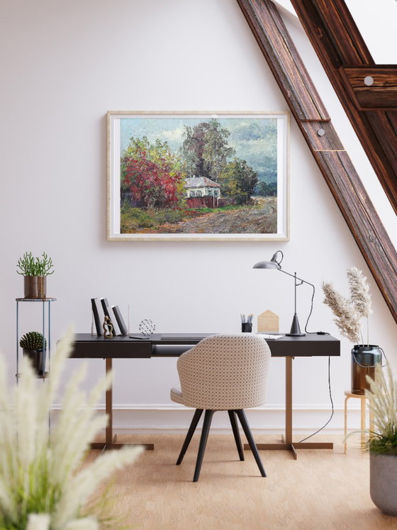 Original Ölgemälde Landschaft Landhaus Herbst im Dorf Guta – Gemälde & Zeichnungen, Canvas (photo 2 of 8)