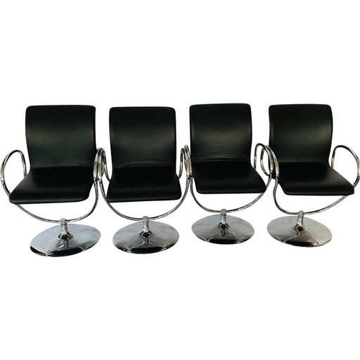 Conjunto de 4 sillones giratorios vintage de cuero y acero inoxidable de Tonon