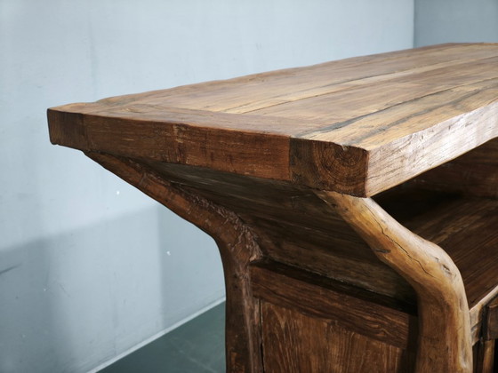 Console en Bois Massif Rustique Asiatique des Années 70, Buffet Primitif Sculpté à la Main, Marron (photo 12 sur 14)