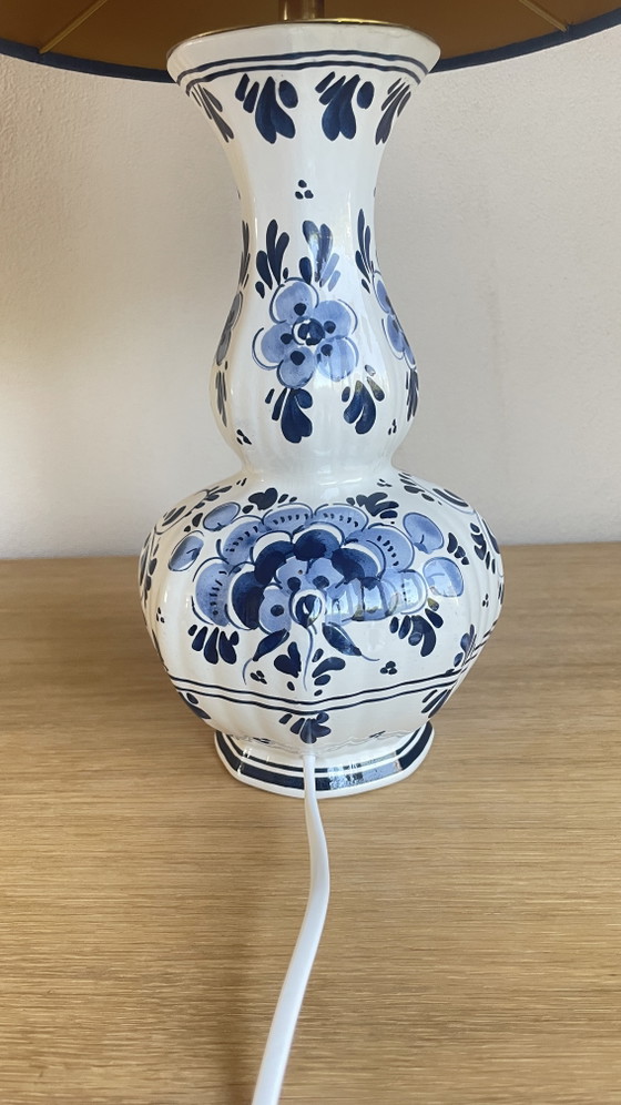 Image 1 of Vintage Handmade Table Lamp (46cm) – Delft Blue Base with Royal Blue Velvet Shade