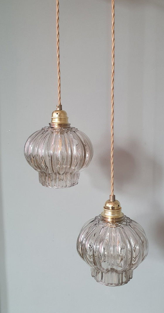 Image 1 of Set of two vintage floral pendant lamps in lantern shape. Mid Century