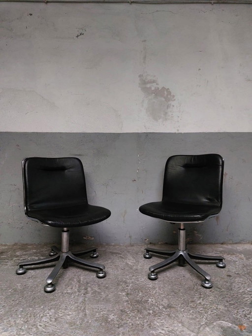 2 sedie da scrivania Swissform in cromo e pelle nera di Sitag, anni '70