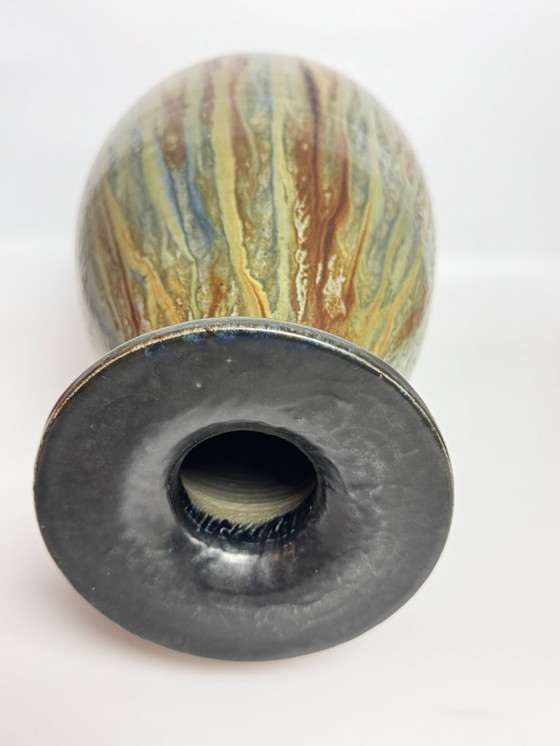 Image 1 of Large Exquisite Early Mid-Century Salt Glaze Stoneware Vase Signed by Guerin with small Neck, 1930s.