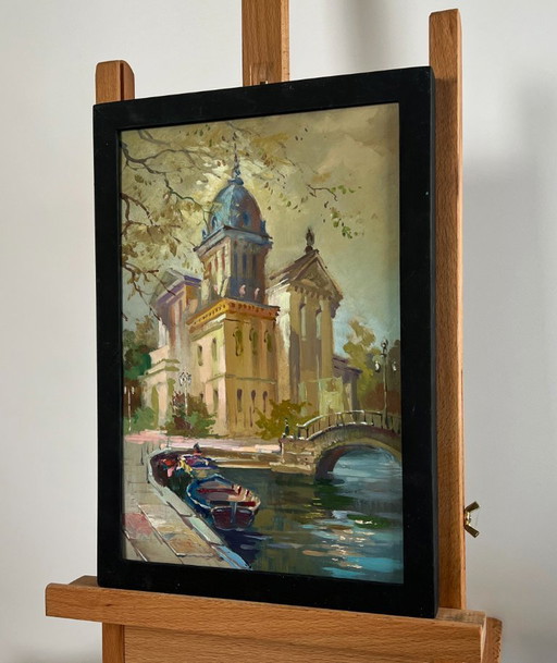 Origineel olieverfschilderij: Stadsgezicht 's avonds. De rivier en het hart van de stad.