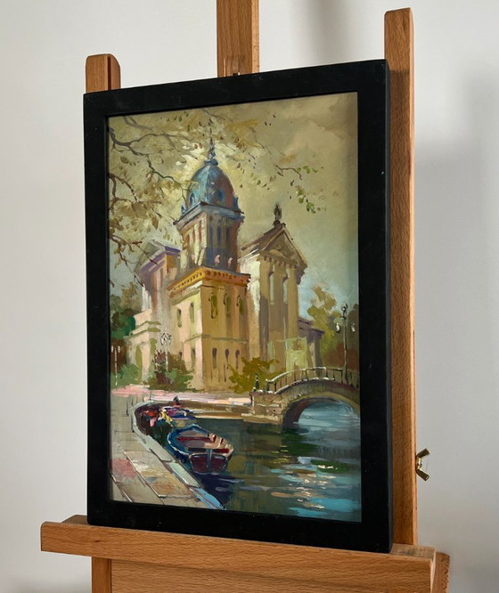 Image 1 of Origineel olieverfschilderij: Stadsgezicht 's avonds. De rivier en het hart van de stad.