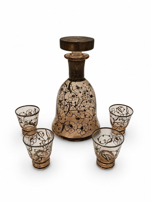 Rosolio-Set, bestehend aus einer Karaffe mit Stöpsel und vier Gläsern – glazen karaffen, Glass