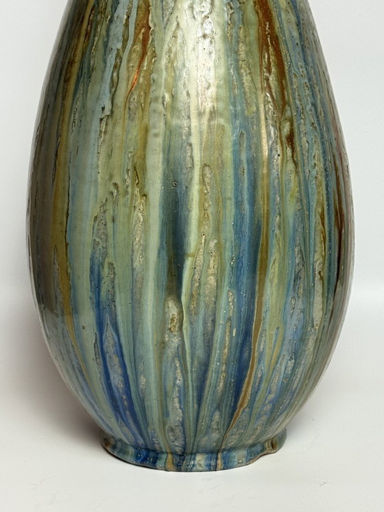 Image 1 of Large Exquisite Early Mid-Century Salt Glaze Stoneware Vase Signed by Guerin with small Neck, 1930s.