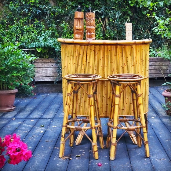 Image 1 of Tiki bar et ses tabourets vintage en rotin et bambou, France, 1950s